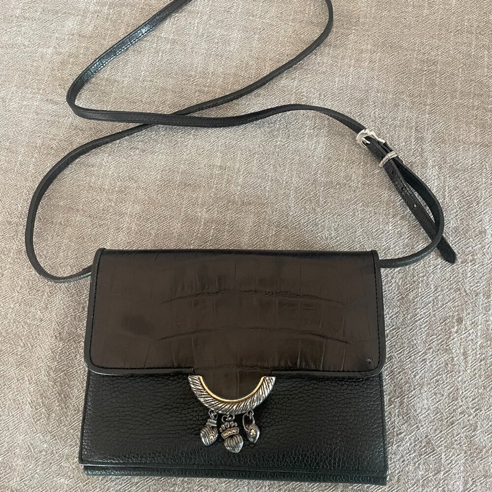 Brighton Croc & Pebble Leather Black Cross Body Tri-Fold Purse 8" x 5.5"! Travel